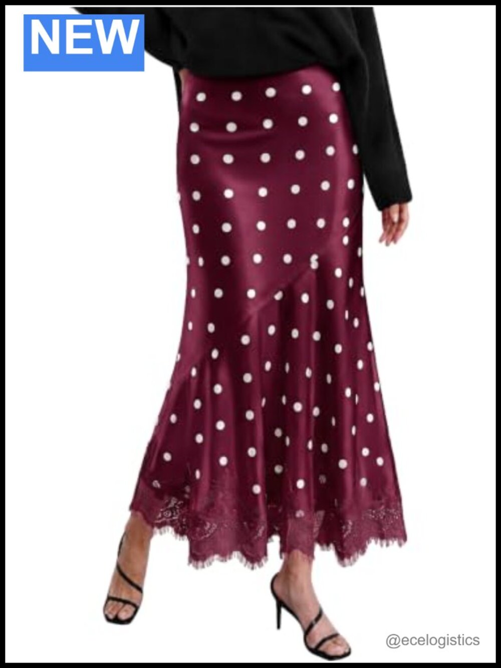 Womens Satin Mermaid Maxi Skirt Polka Dot Lace Trim Elastic High Waist